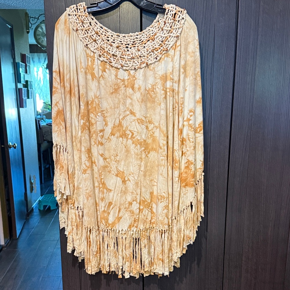 BOSTON PROPER fringed embellished poncho. ONE SIZE